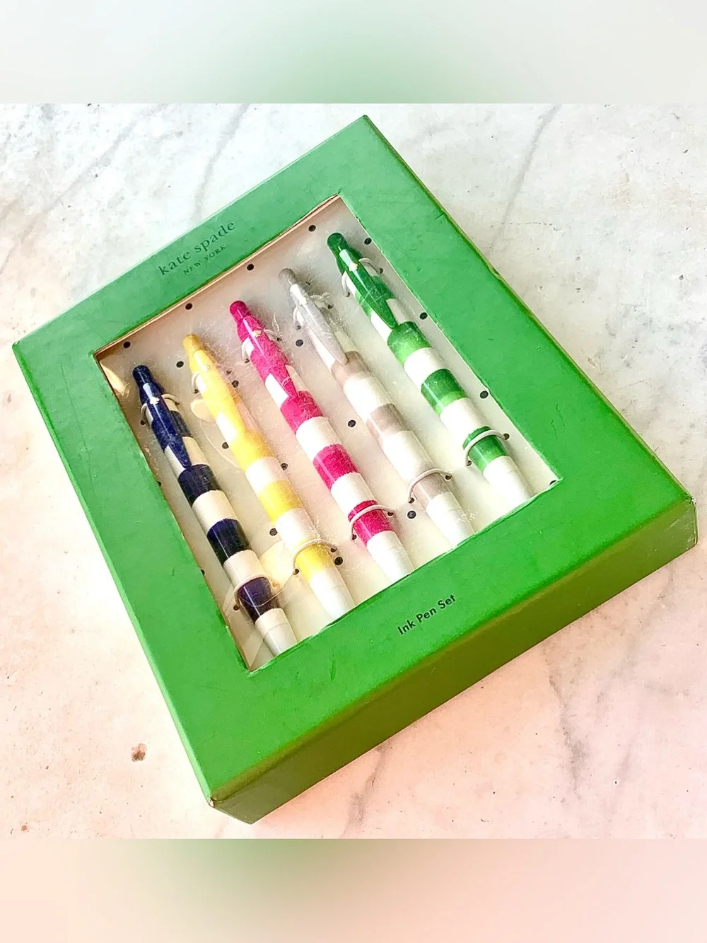 KATE SPADE NEW YORK RUGBY STRIPE PEN SET 5 Navy, Yellow, Pink, Gray, Green NIB